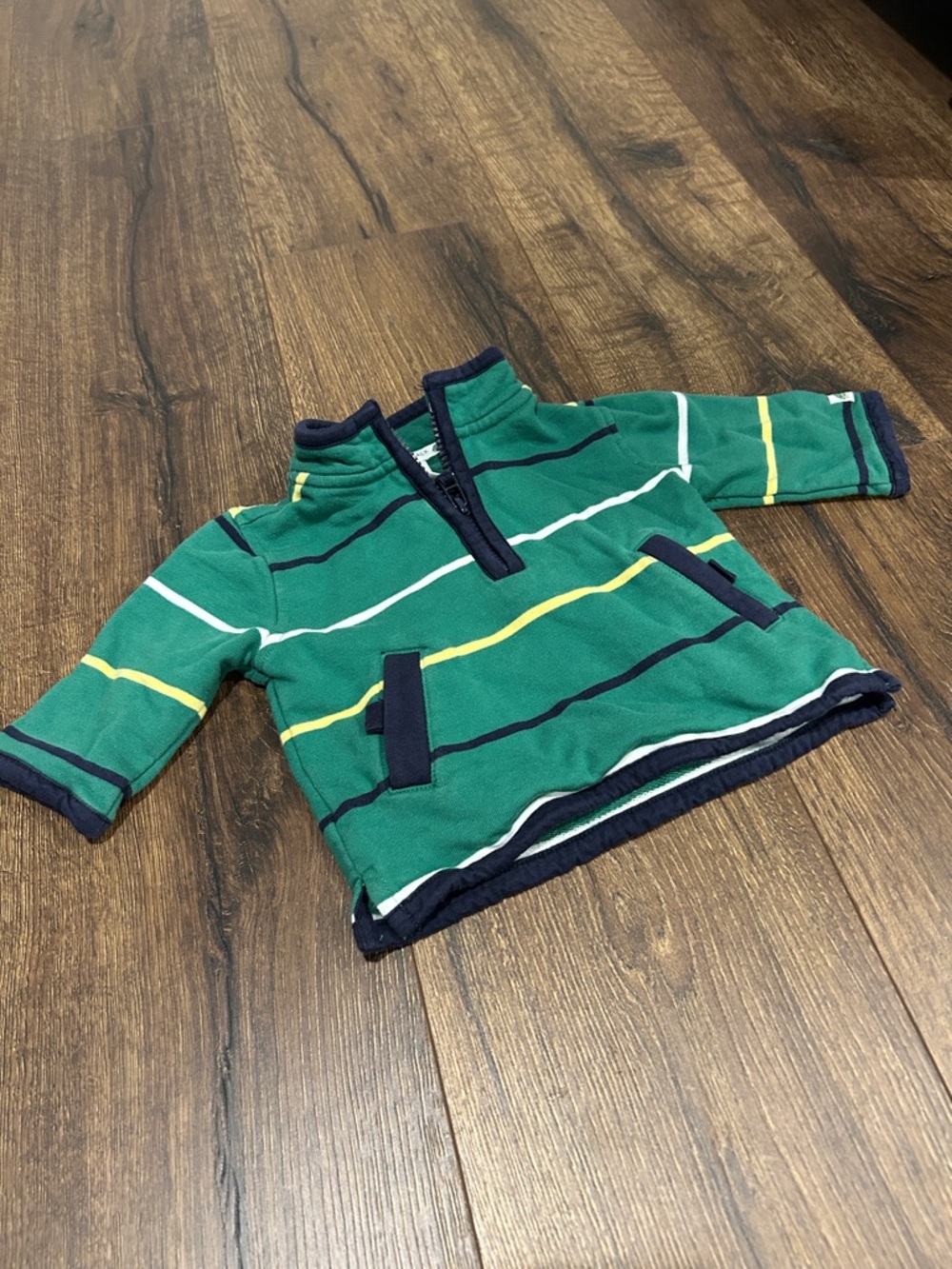 Janie and Jack Green Stripe Pullover Hoodie with Navy Trim